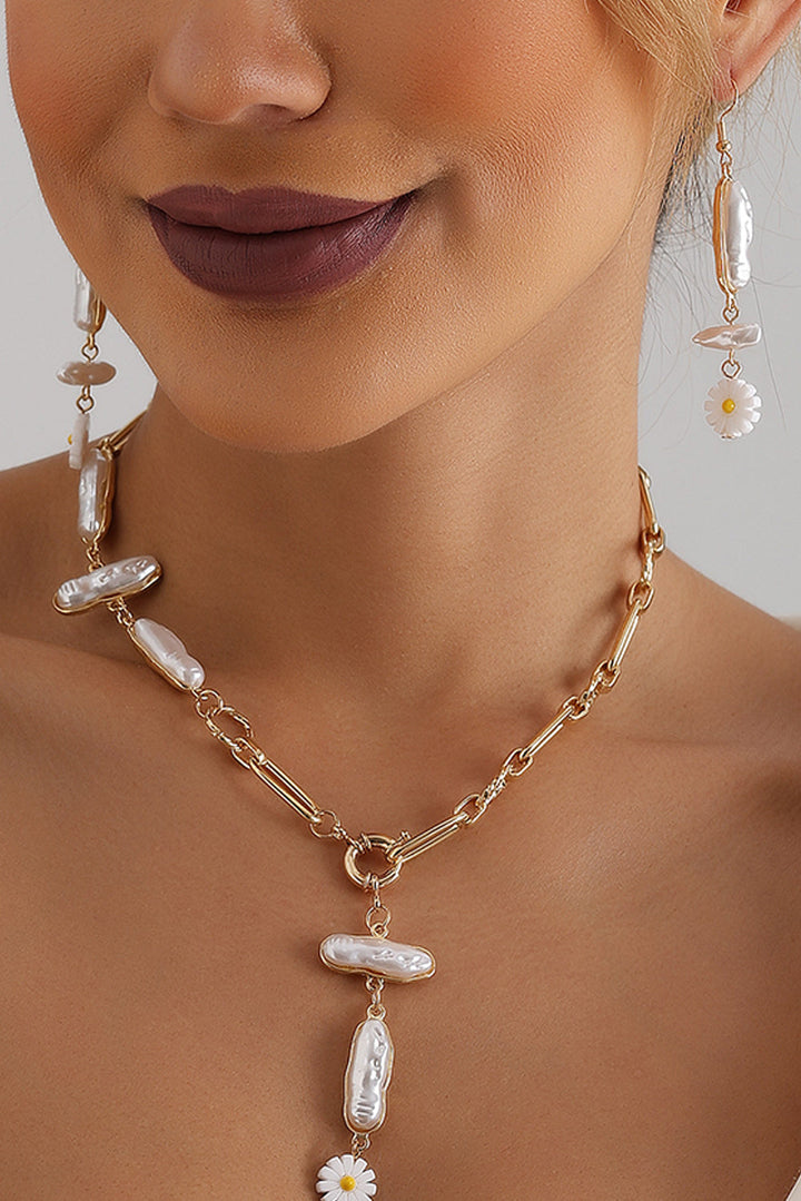 Faux Pearl Daisy Jointed Chain Choker Necklace