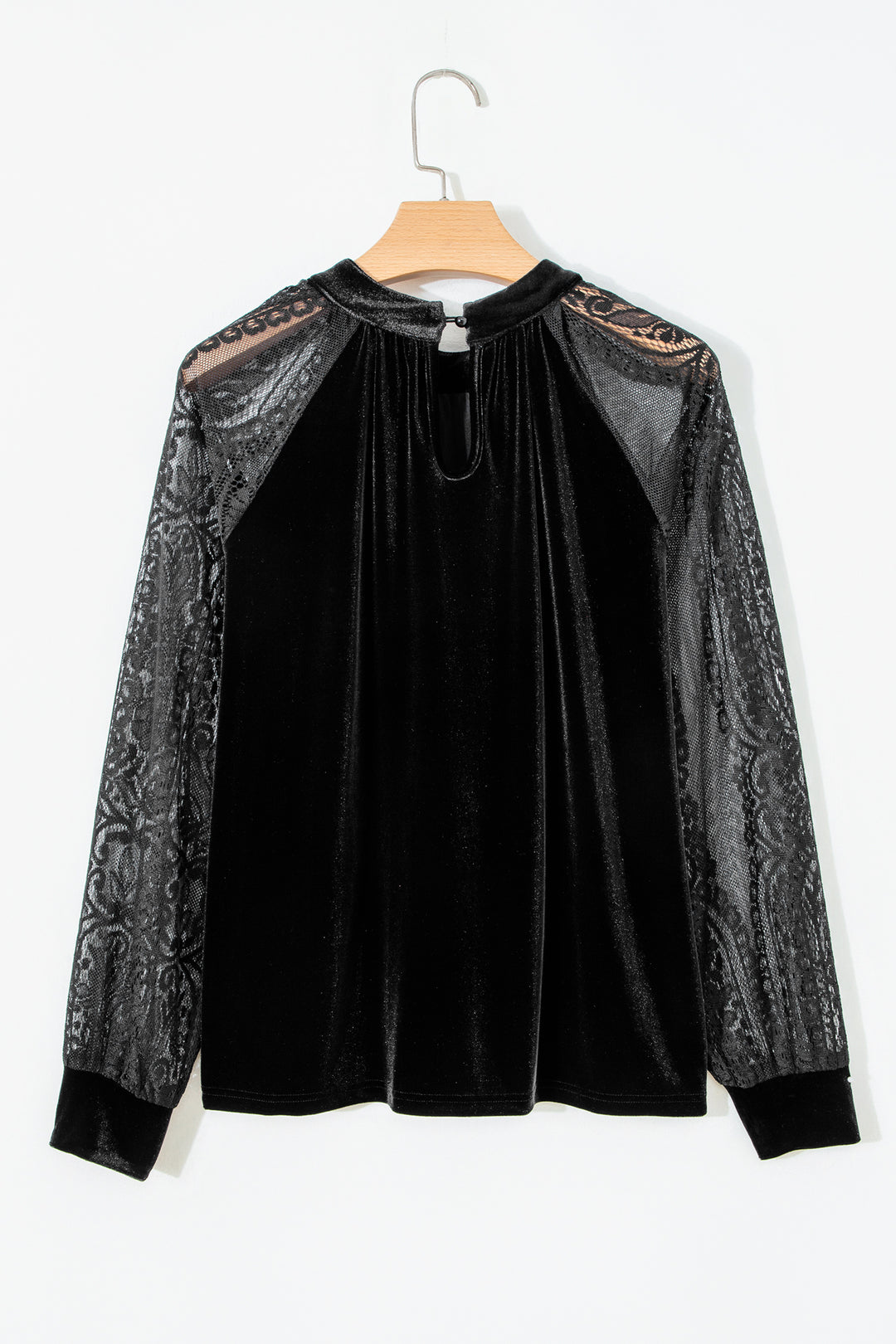 Black Sheer Lace Long Sleeve Patchwork Stand Neck Velvet Blouse