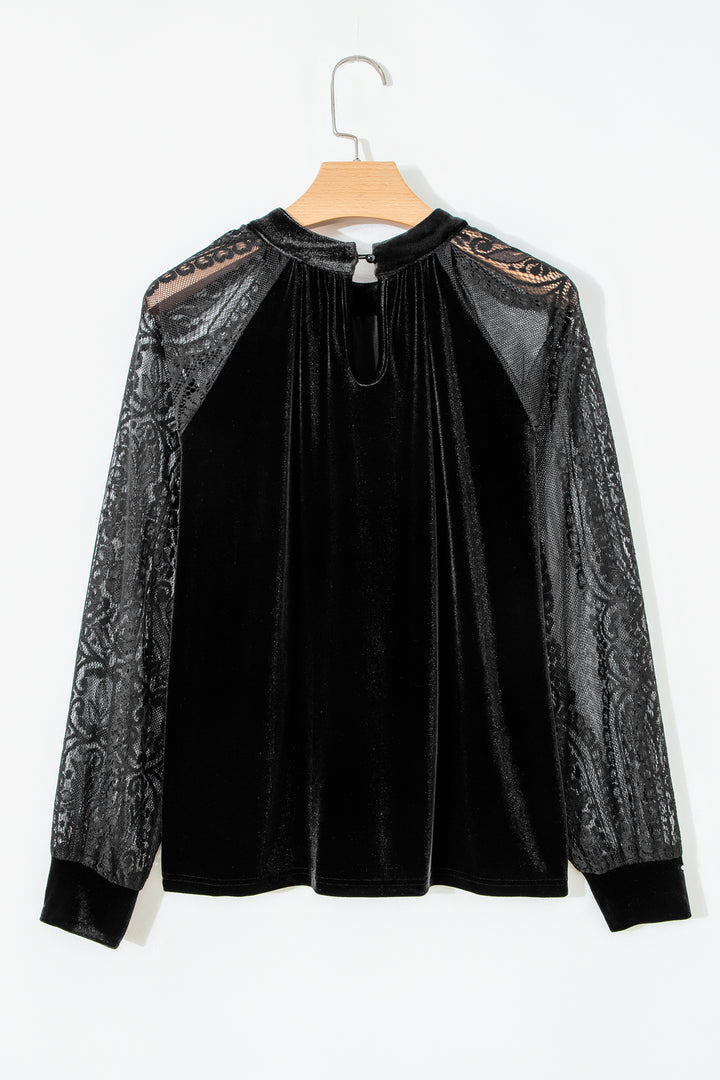Black Sheer Lace Long Sleeve Patchwork Stand Neck Velvet Blouse