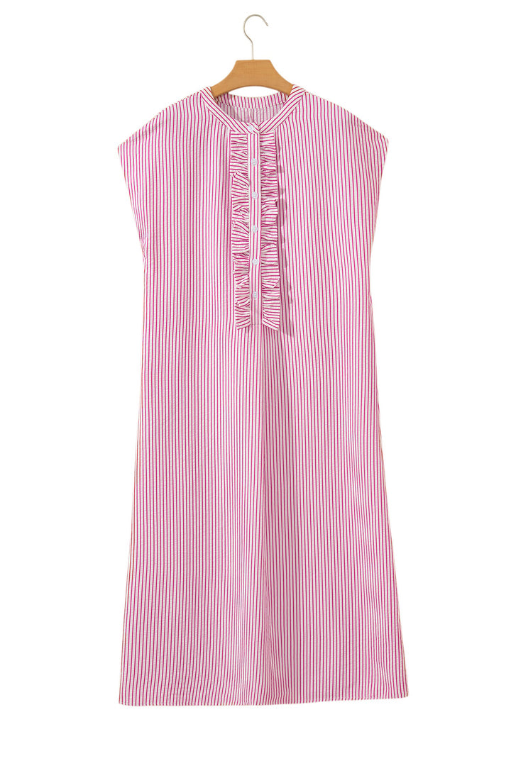 Red Stripe Frilled Detail Half Buttons Short Sleeve Long Dress