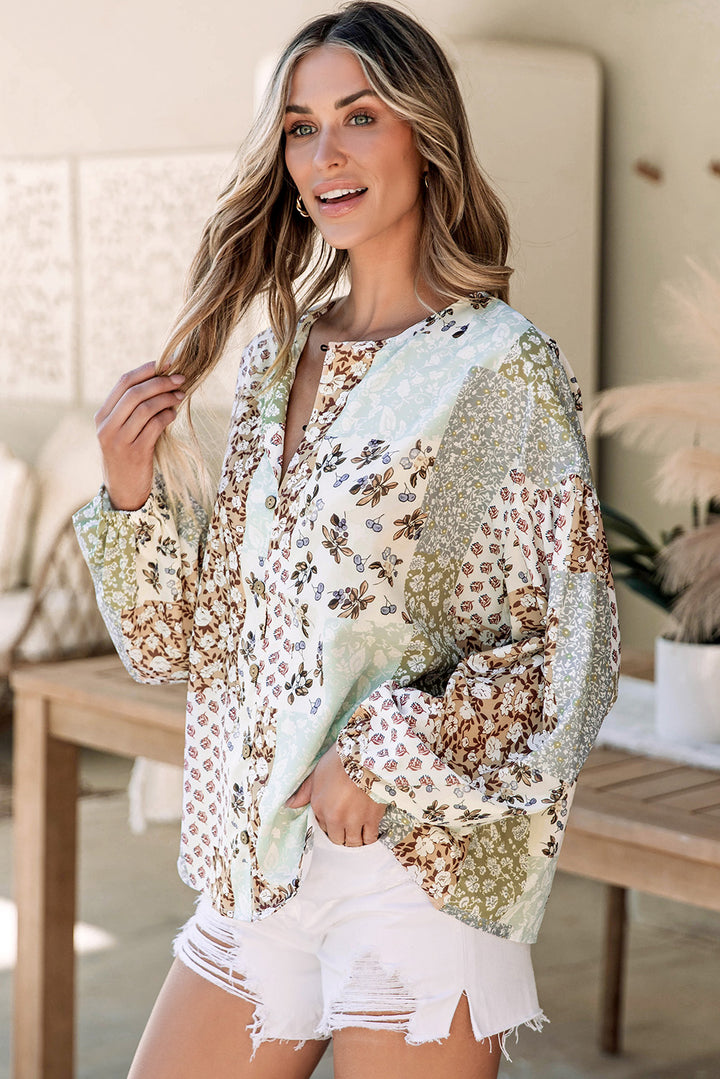 Floral Patchwork Print Long Puff Sleeve Shirt