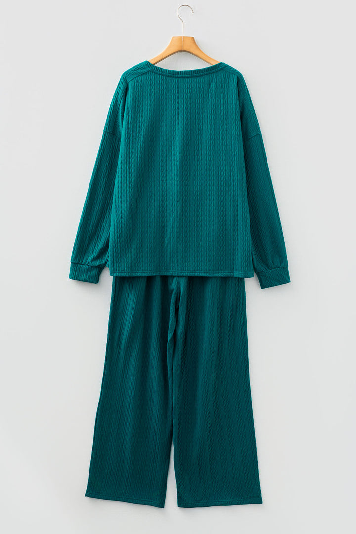 Sea Green Textured Round Neck Sweatshirt &amp; Loose Drawstring High Waist Pant Set