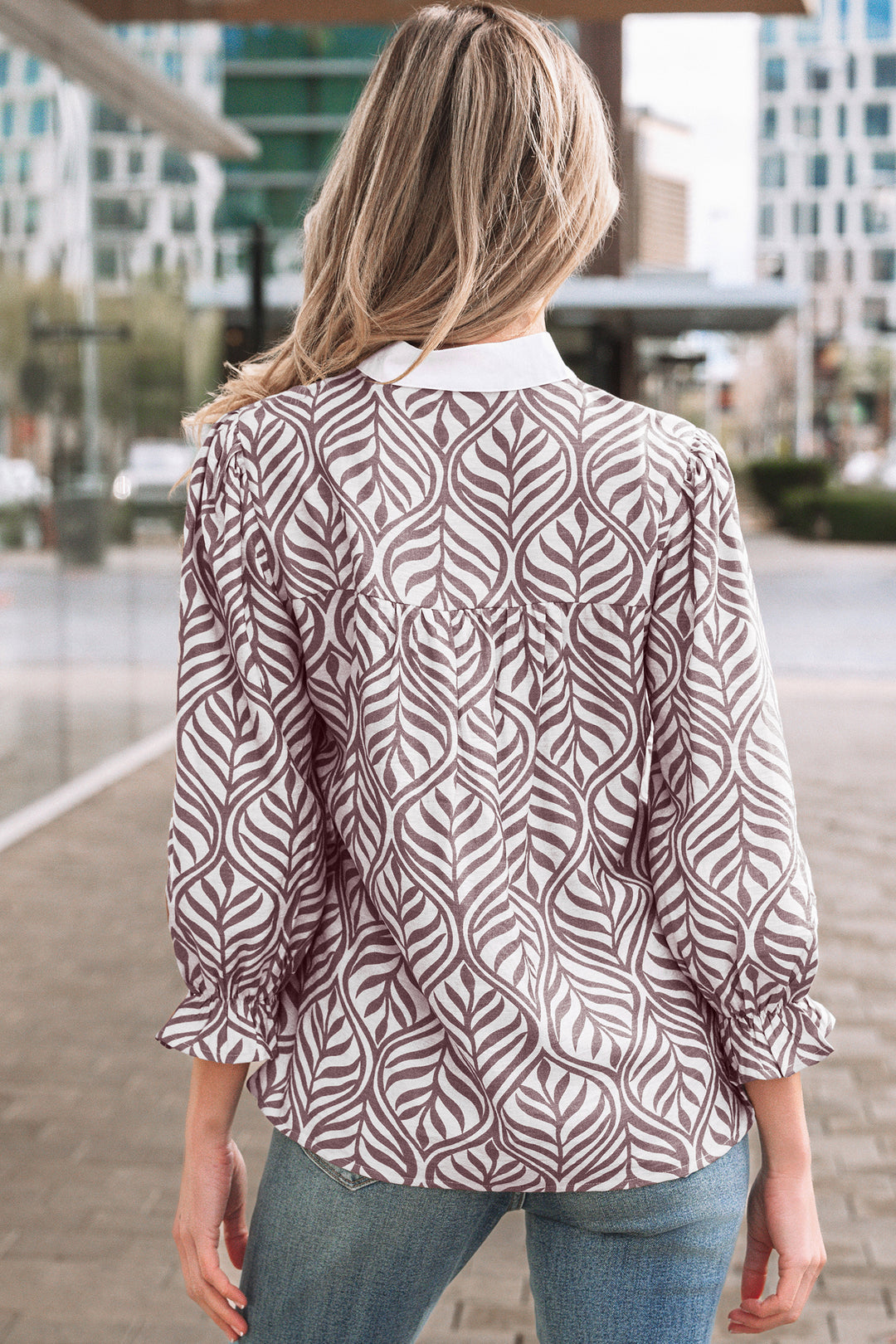 Leaf Print Standing Collar Puff Sleeve Top