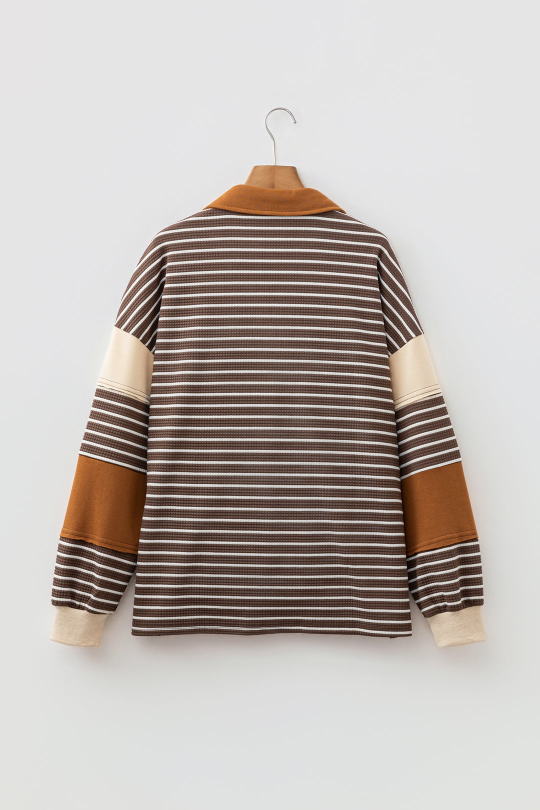 Brown Stripe Collar V Neck Color Block Detail Long Sleeve Pullover Top