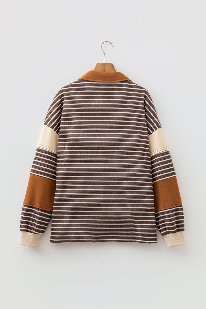 Brown Stripe Collar V Neck Color Block Detail Long Sleeve Pullover Top