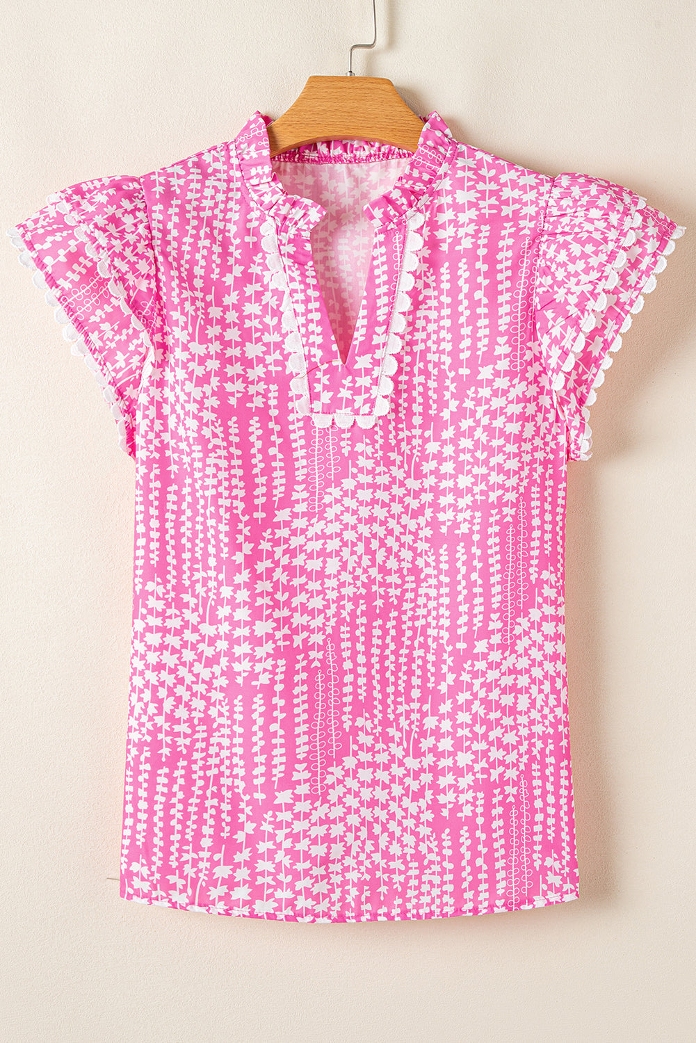 abstract print ric rac trim flutter sleeve notch v neck blouse