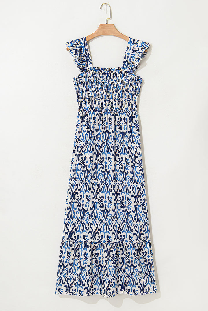 Boho Print Smocked High Waist Maxi Dress