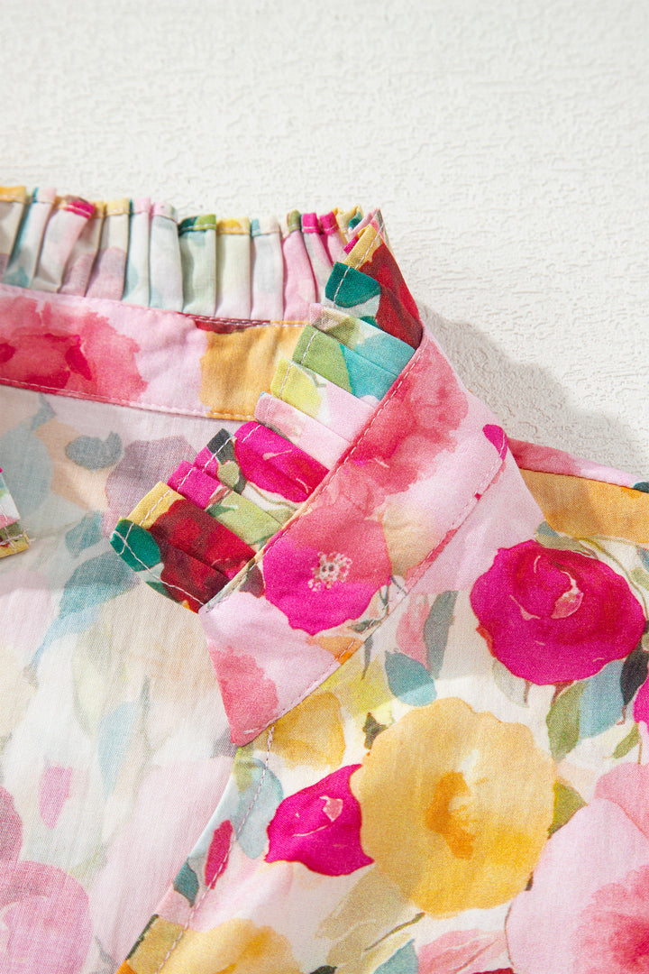 Floral Frilled V Neck Puff Short Sleeve Blouse