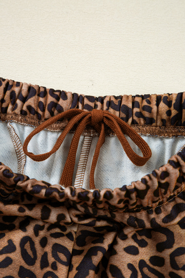 Coffee Leopard Print Contrast Trim Long Sleeve Top and Pants Set
