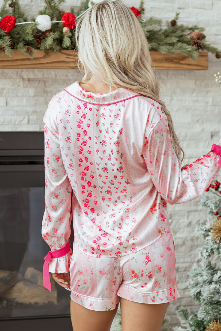 Pink Mixed Floral Print Contrast Piping Trim Satin Tie 2pcs Pajama Set