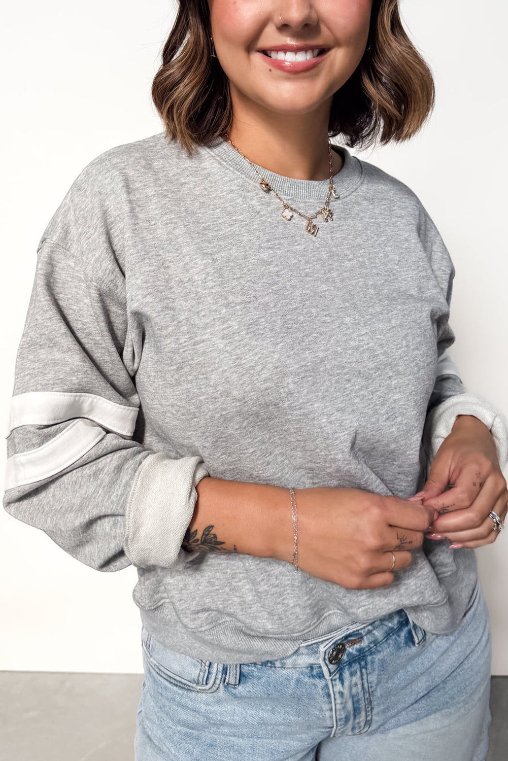 Light Grey Varsity Striped Detail Crew Neck Plus Sweatshirt