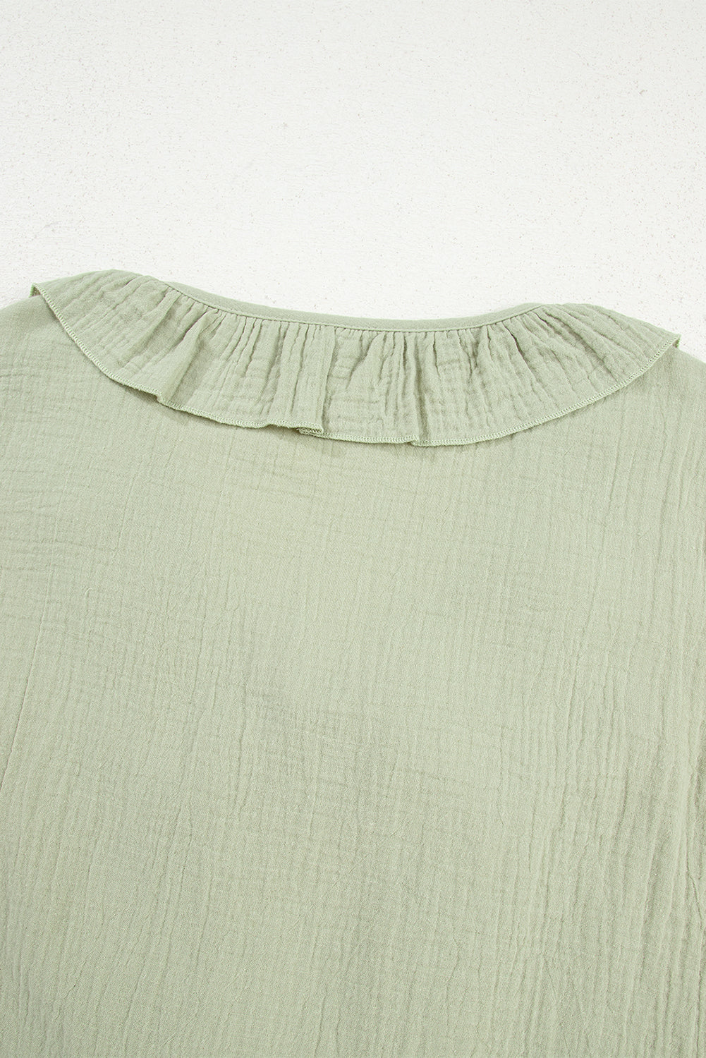 Bow Tie Front Ruffle Trim V Neck Long Sleeve Gauze Blouse