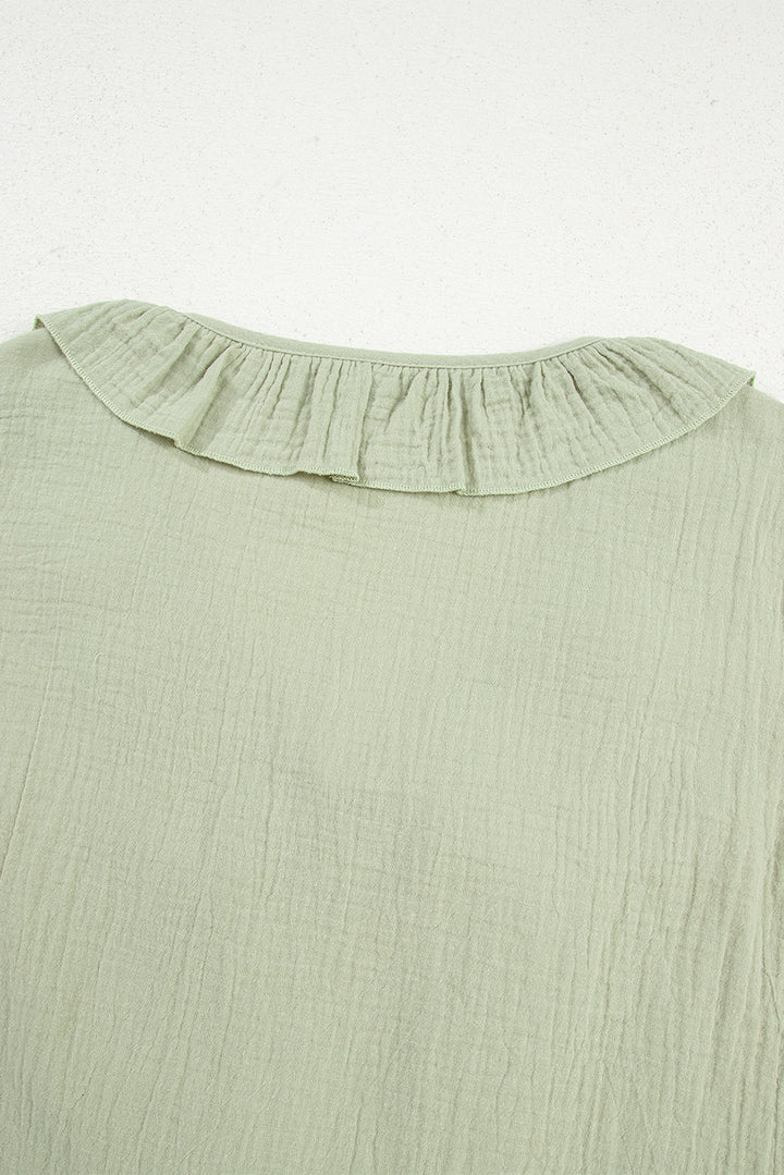 Bow Tie Front Ruffle Trim V Neck Long Sleeve Gauze Blouse