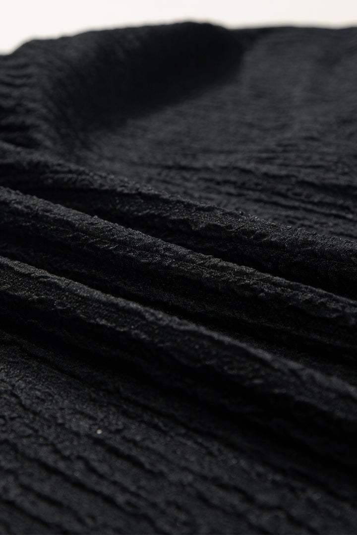 Black Textured Wide Sleeve V Neck T Shirt