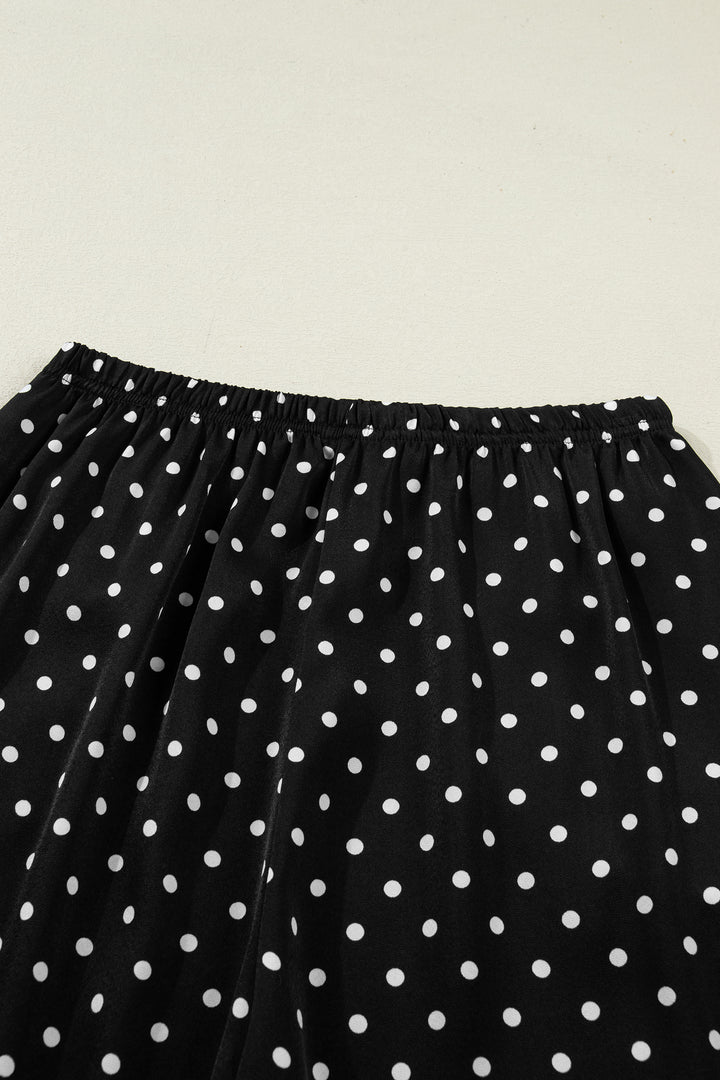 Black Polka Dot Print Elastic Waist Lace Hem Loose Pants