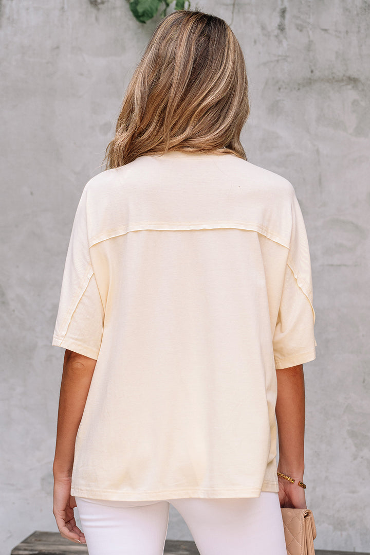 Flower Patched Exposed Stitching Trim Crew Neck Loose Tee