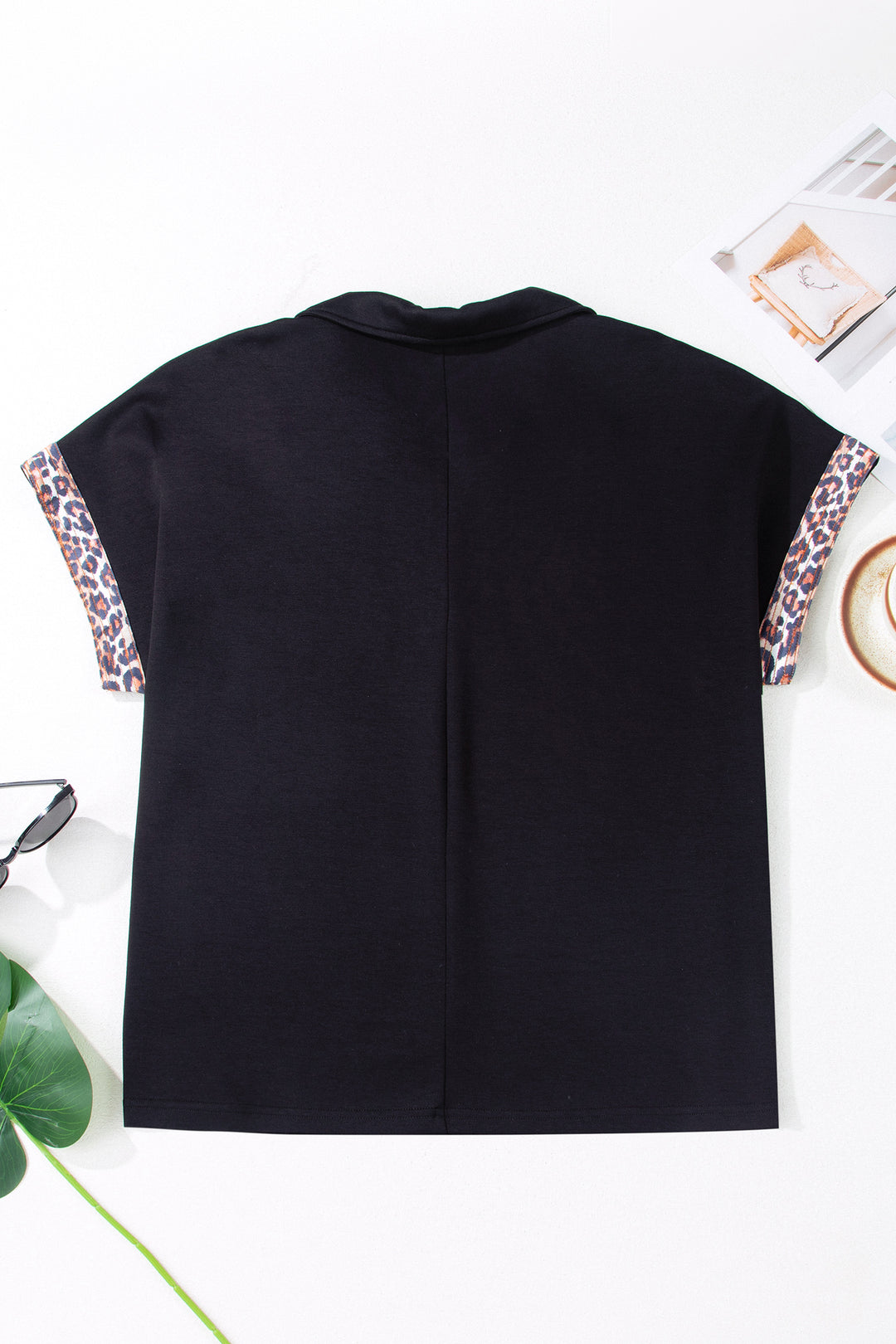 Black Plus Size Leopard Patchwork Half Zip Short Sleeve Top
