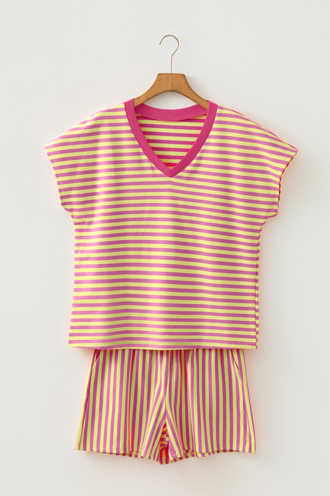 Pink Stripe Colorblock Trim V Neck Tee Drawstring Elastic Waist Short Set