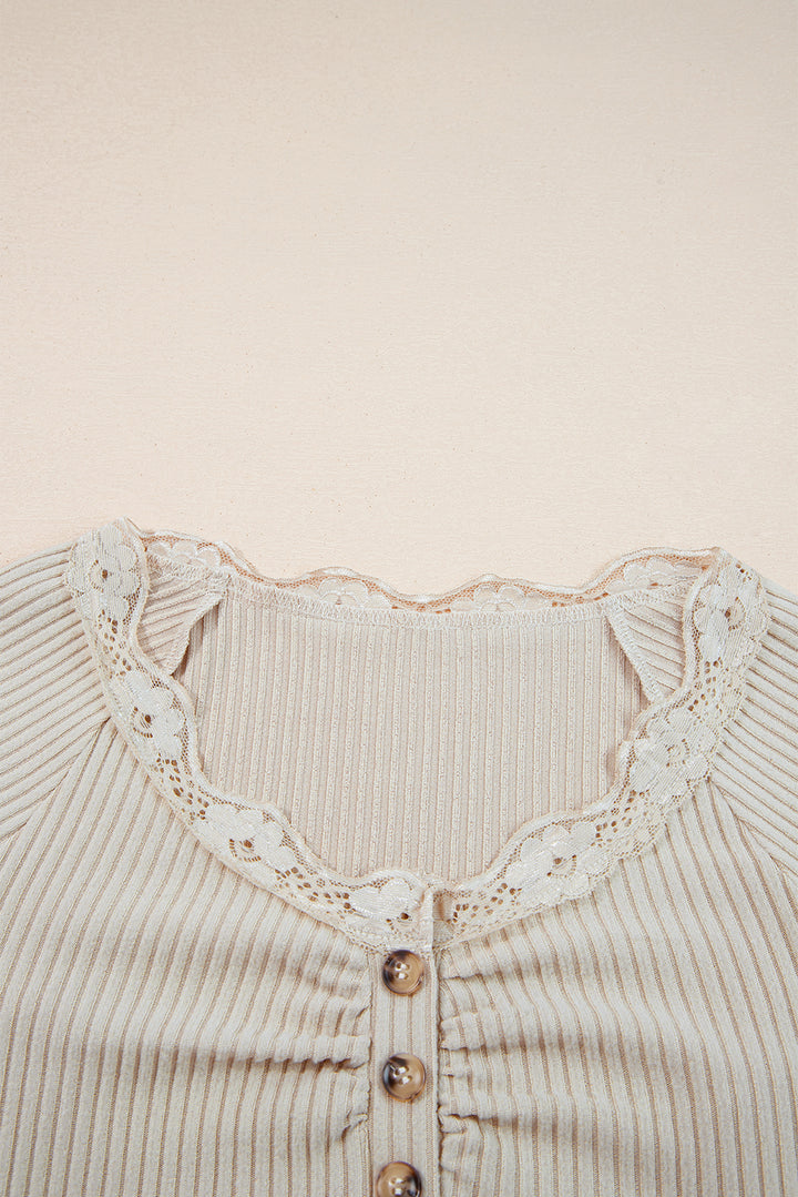 Beige Lace Neckline Button Decor Lettuce Edge Long Sleeve Ribbed Top