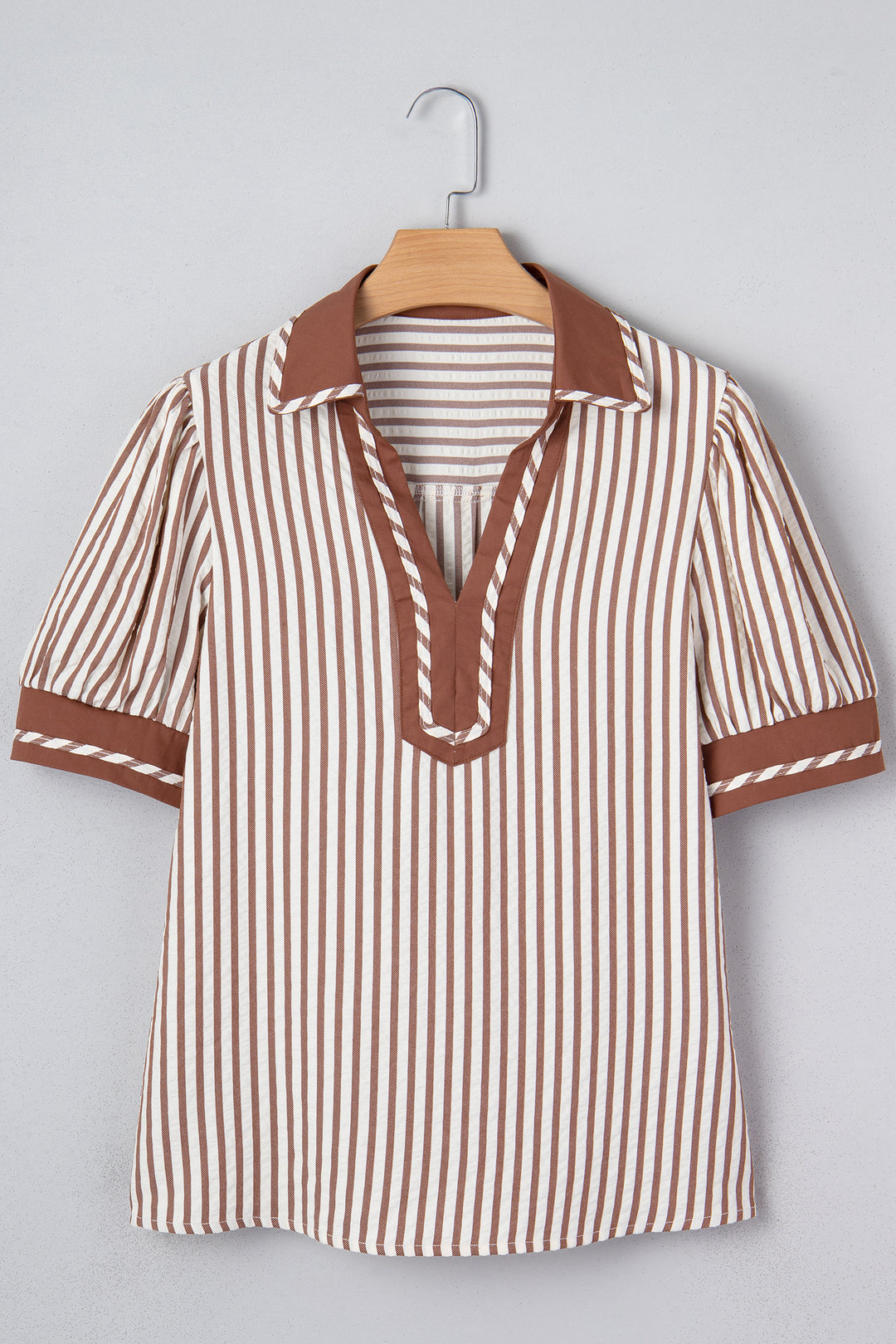 Collared Split Neck Short Bubble Sleeve Blouse