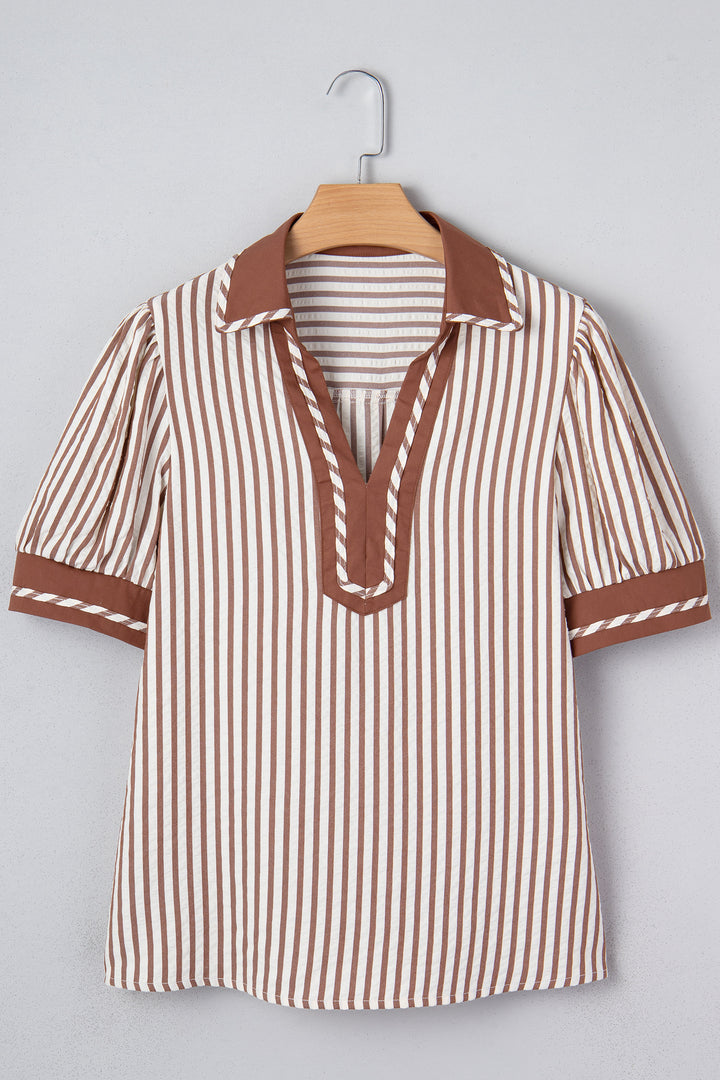 Collared Split Neck Short Bubble Sleeve Blouse
