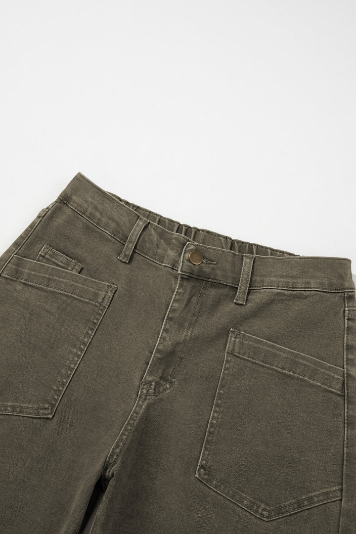 Four Leaf Clover Solid Color Square Patch Pocket Ankle-length Barrel Jeans