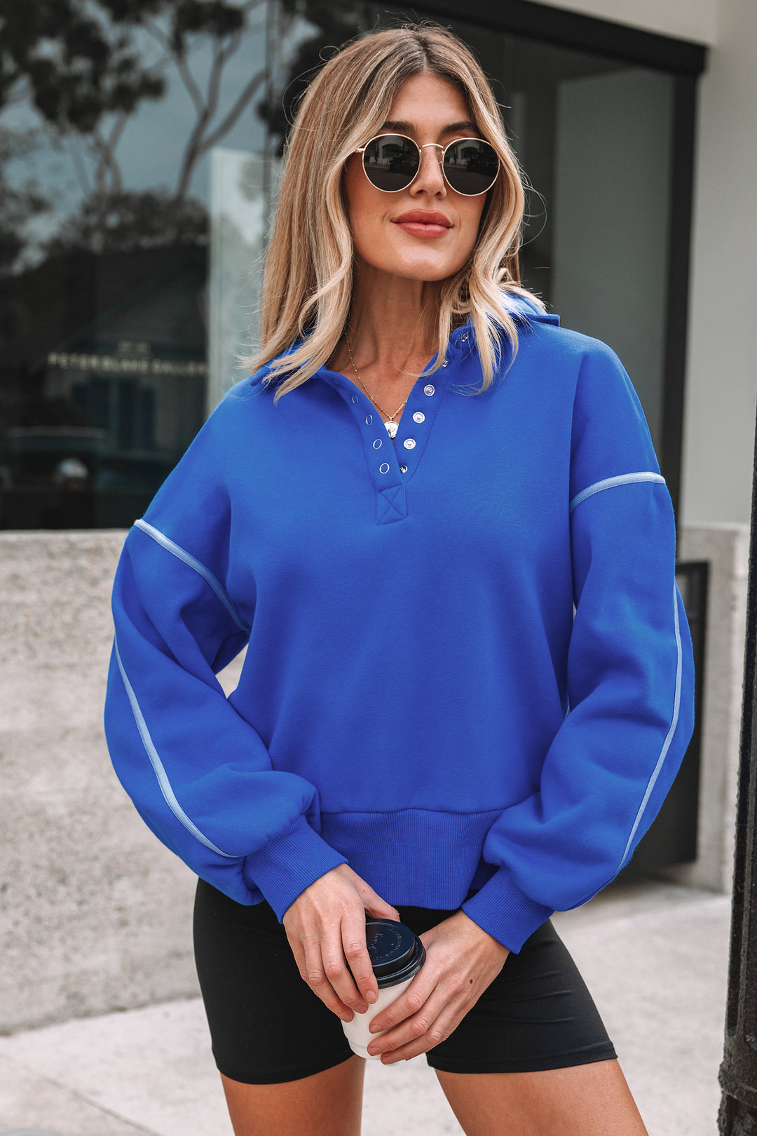 Button up Collared Exposed Seam Chic Sweatshirt