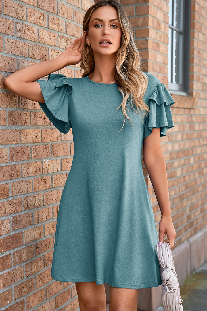 Solid Color Round Neck Double Ruffle Short Sleeve Dress