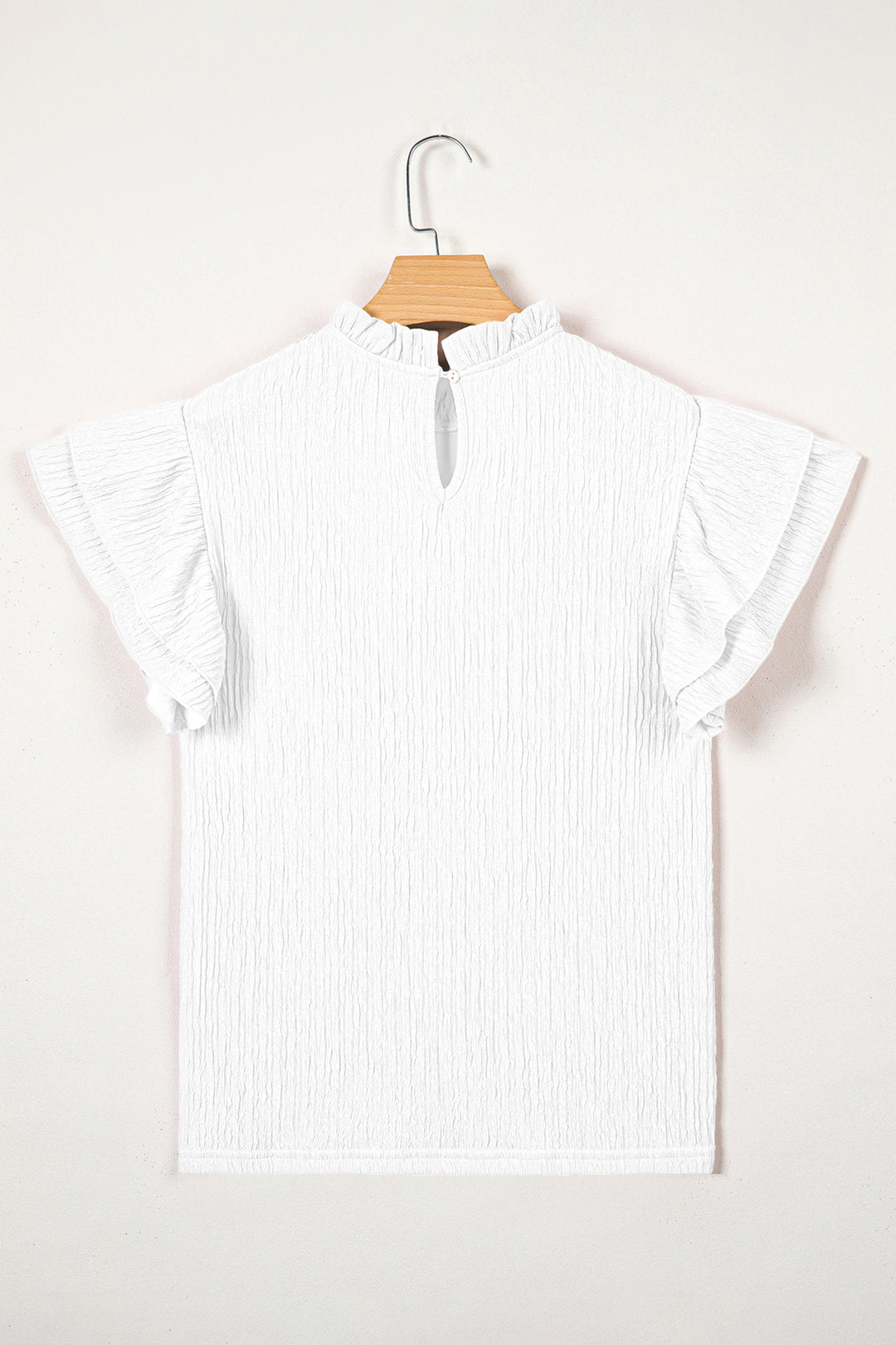 White Textured Ruffle Trim Short Sleeve Blouse