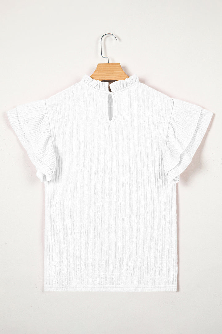 White Textured Ruffle Trim Short Sleeve Blouse