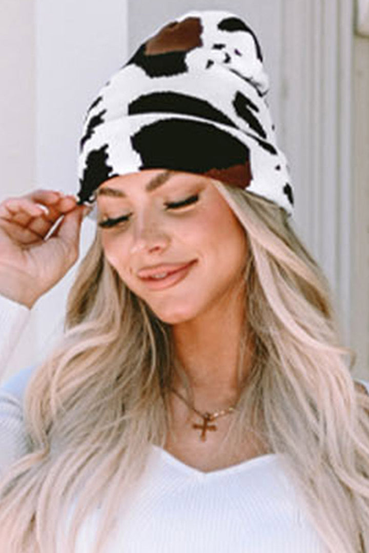 Warme Beanie-Mütze mit Kuhflecken-Print