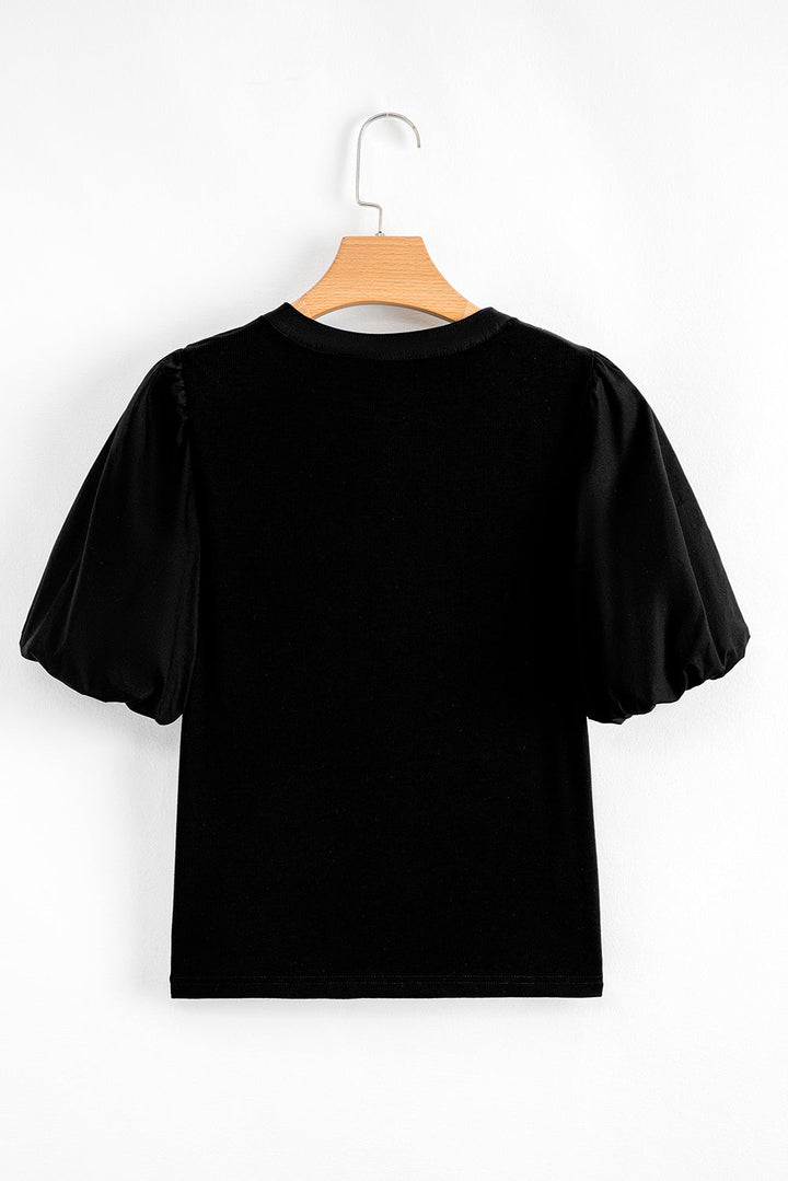 ribbed patchwork puff sleeve half button placket slim fit top