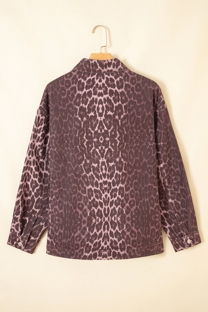 Khaki Oversized Leopard Print Long Sleeve Patch Pocket Denim Jacket