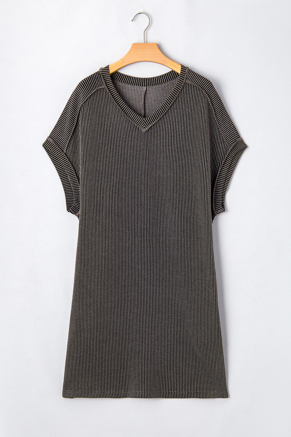 Casual Carbon Grey Corded V Neck Plus Size T Shirt Dress with Pockets