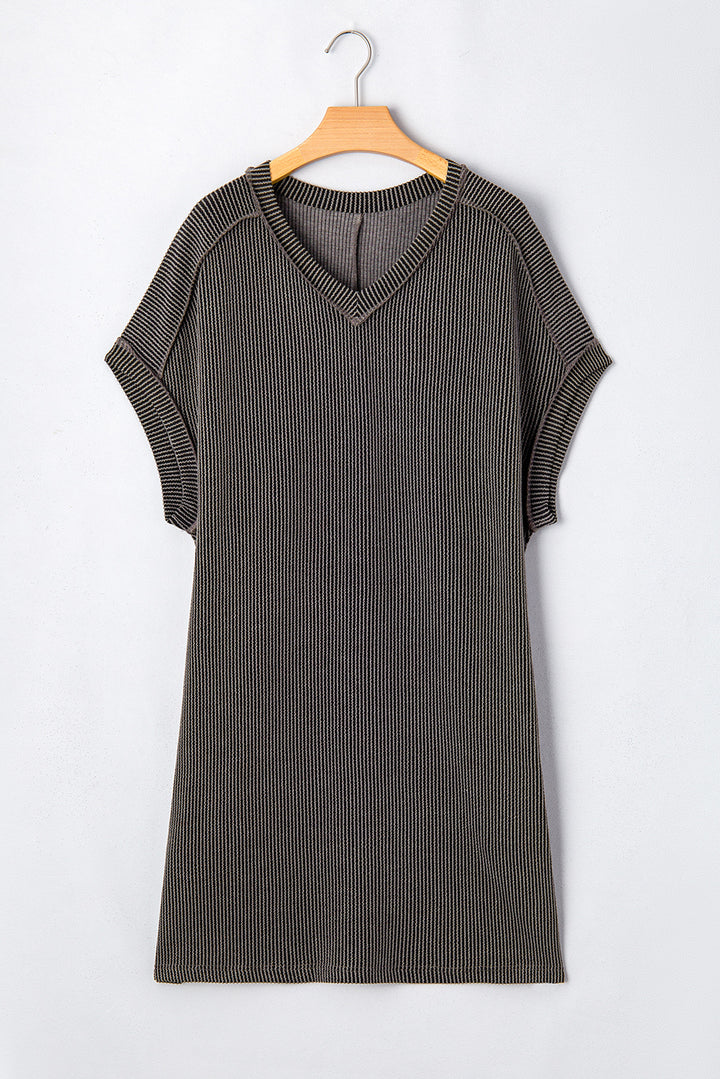 Casual Carbon Grey Corded V Neck Plus Size T Shirt Dress with Pockets
