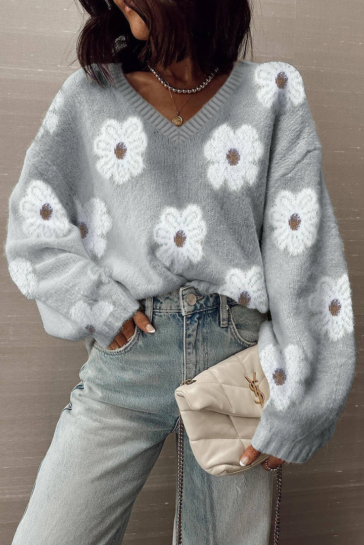 Cute Flower Print V Neck Drop Shoulder Baggy Sweater