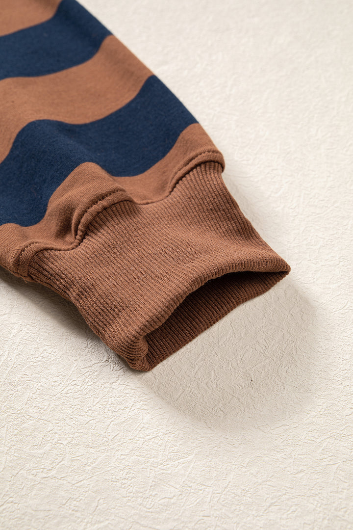 Brown Stripe Colorblock Mock Neck Relaxed Sweatshirt