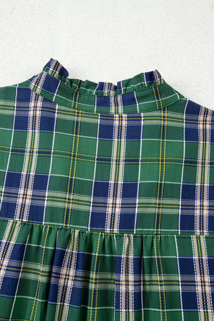 Plaid Print Frilly Collar Long Sleeve Shift Mini Dress