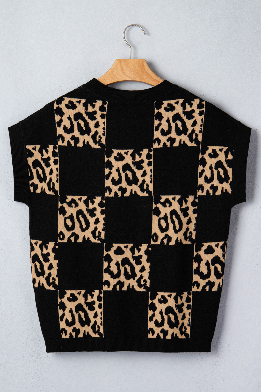 Black Leopard Checkerboard Short Sleeve Knit Sweater
