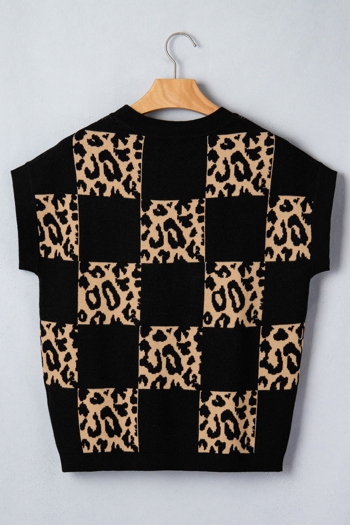 Black Leopard Checkerboard Short Sleeve Knit Sweater