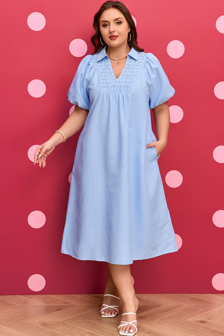 Sky Blue Stripe Shirred Detail Collar Plus Size Midi Dress