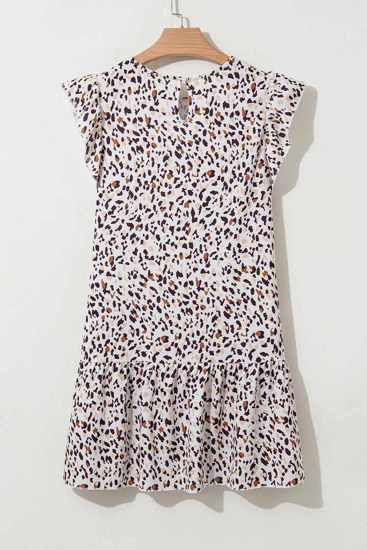 Mini-robe léopard à volants et manches flottantes avec dos en trou de serrure
