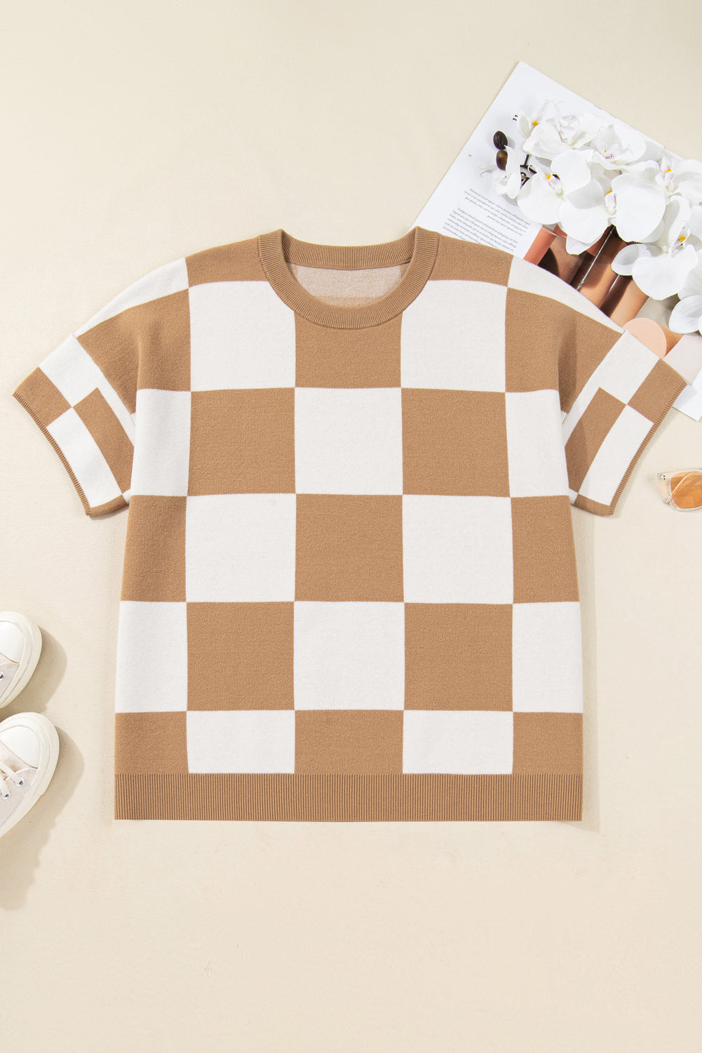 Light French Beige Plus Size Checkered Pattern Knit Short Sleeve Sweater