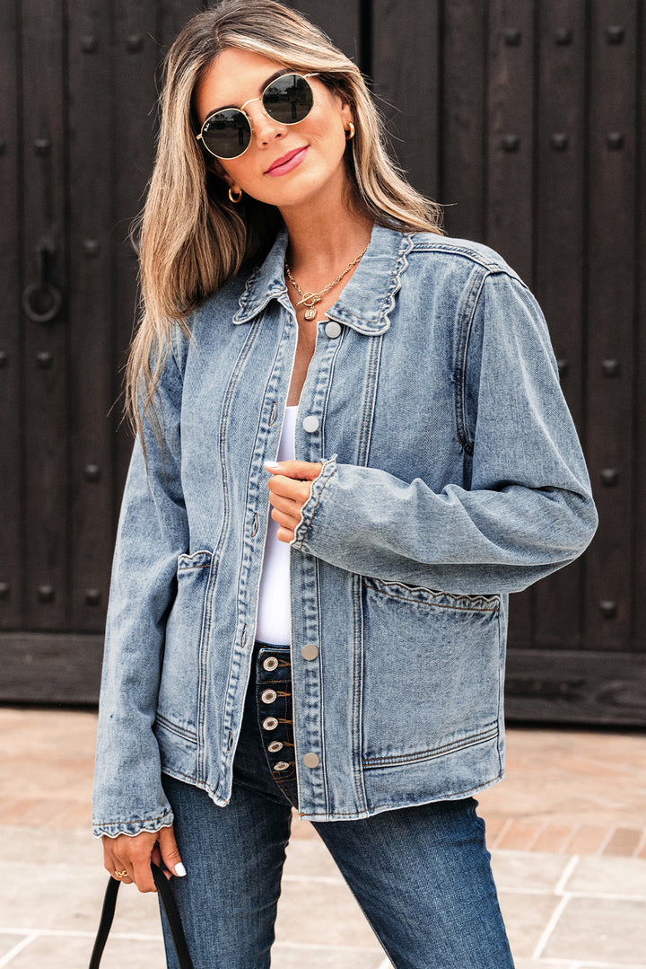 Scallop Trim Collar Patched Pocket Button Up Denim Jacket