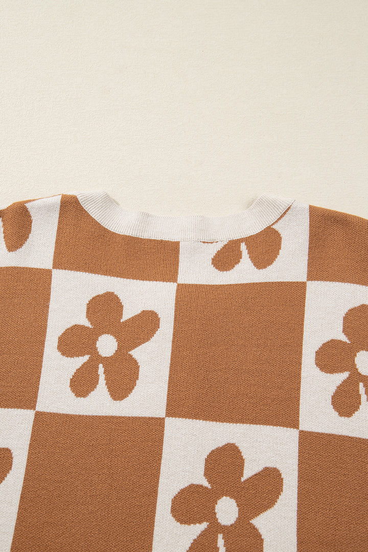 Thai Curry Flower Plaid Henley Baggy Sweater
