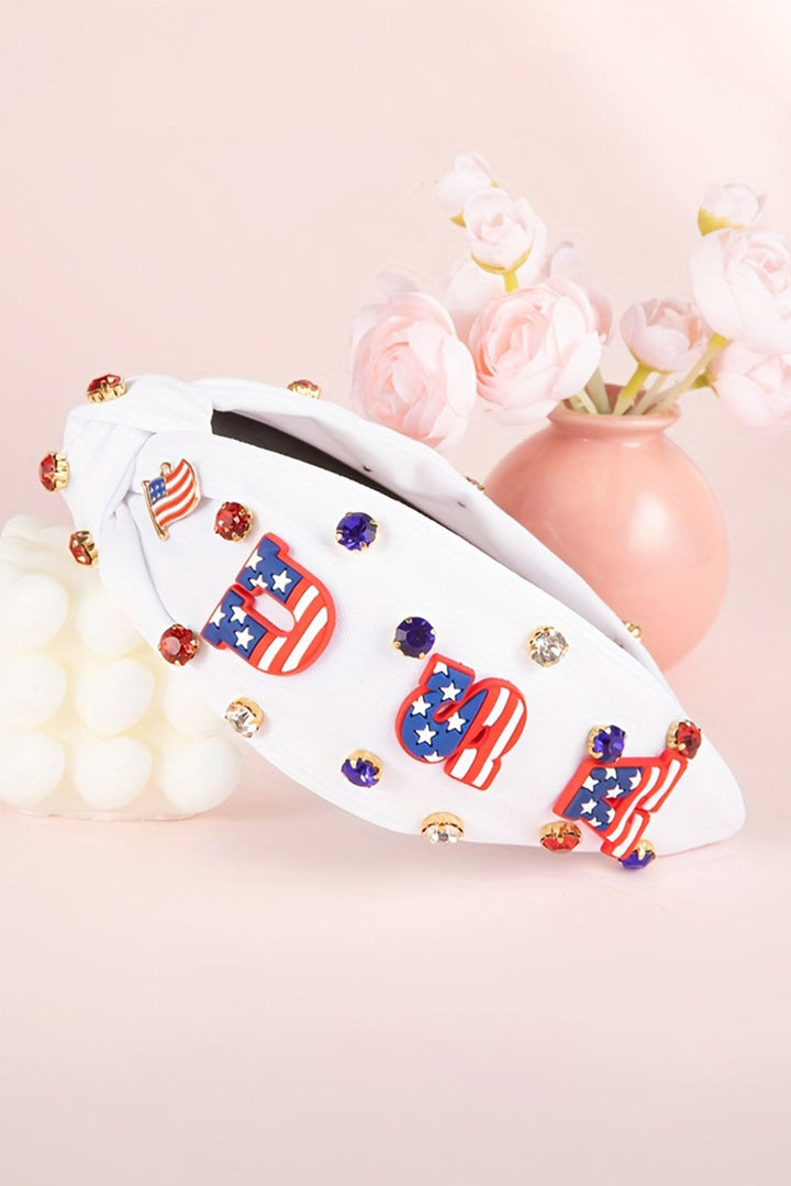 USA Flag Gemstone Decor Knotted Wide Headband