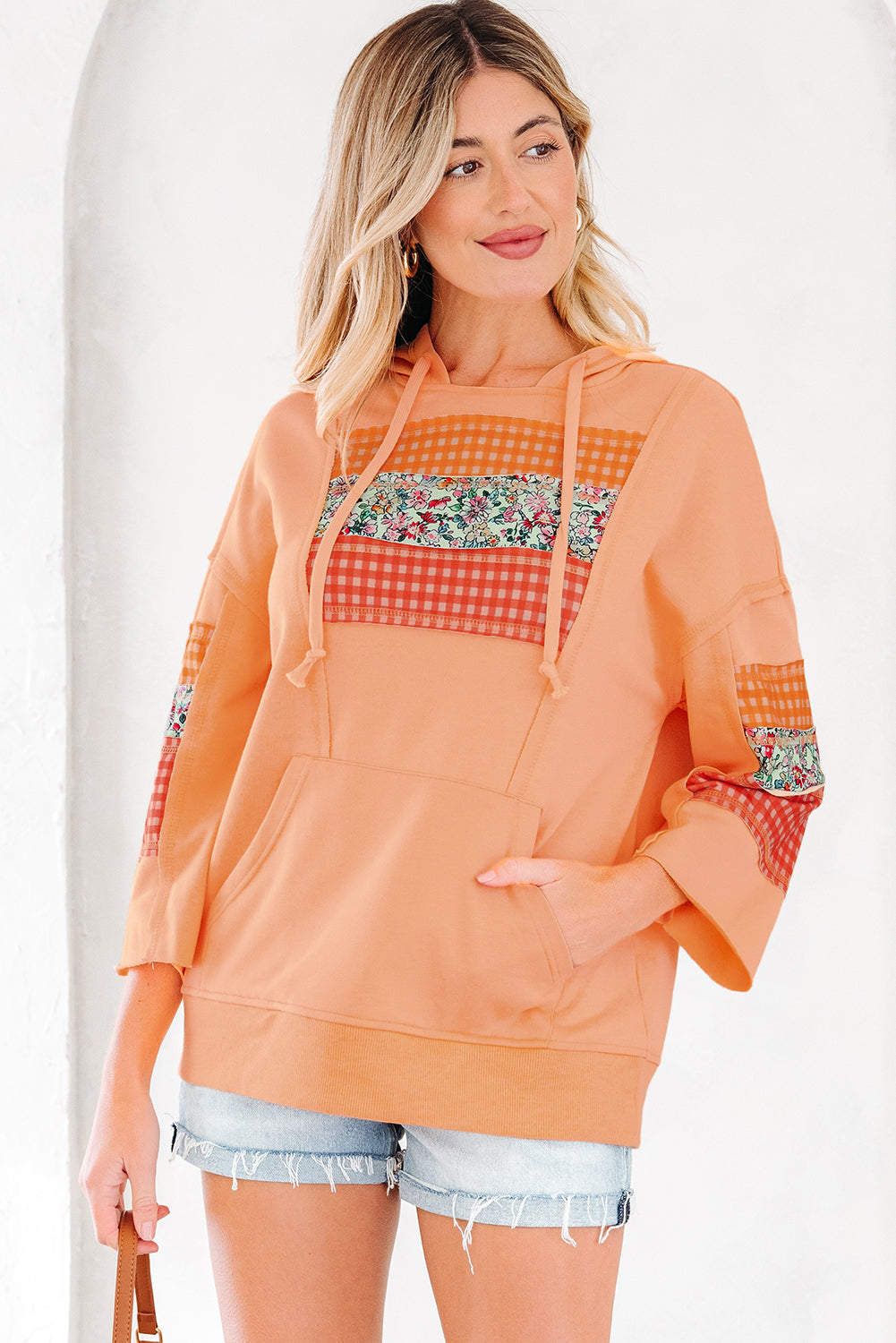 Plaid Floral Patchwork Kangaroo Pocket Hooded Long Sleeve Top