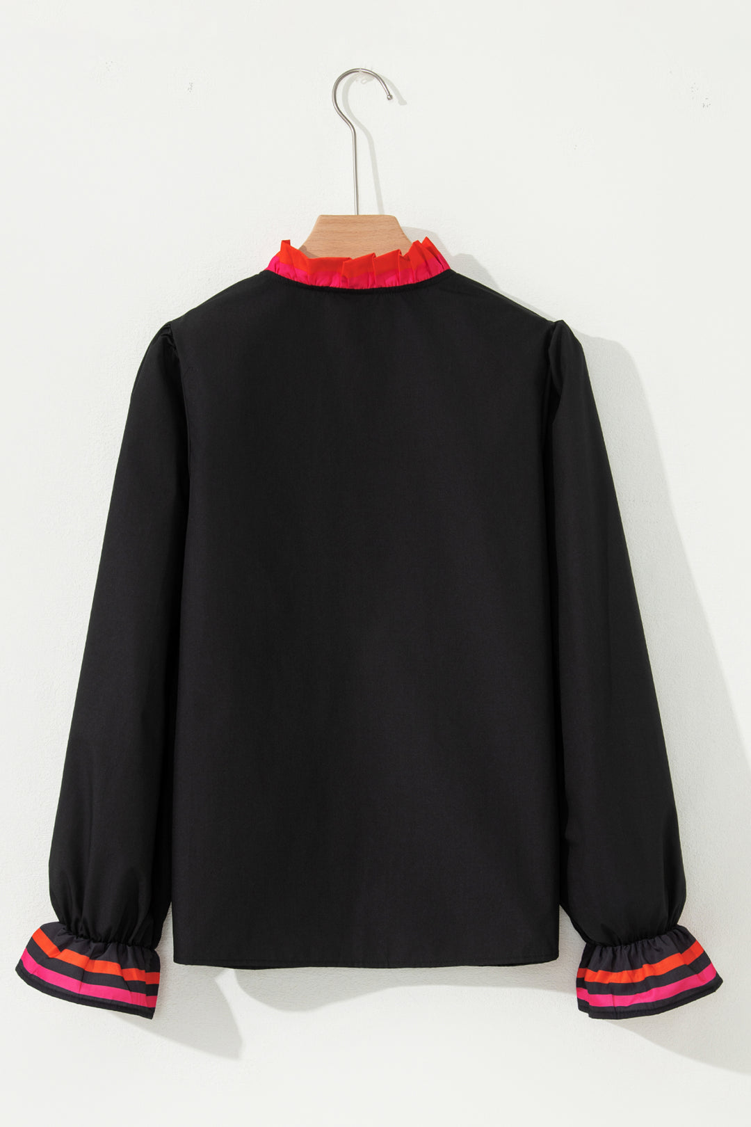 Black Striped Trim Ruffle Split Neck Long Sleeve Blouse