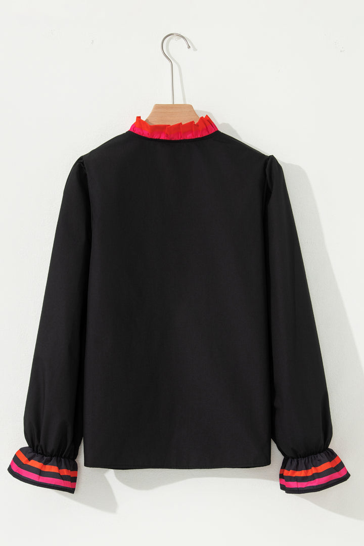 Black Striped Trim Ruffle Split Neck Long Sleeve Blouse