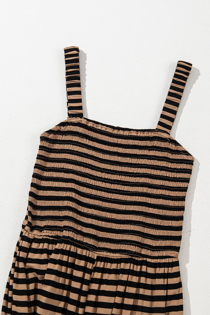 Brown Stripe Square Neck Shirred Wide Leg Jumpsuit